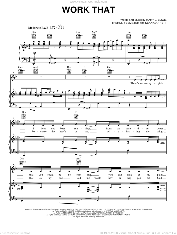 Work That sheet music for voice, piano or guitar by Mary J. Blige, Sean Garrett and Theron Feemster, intermediate skill level