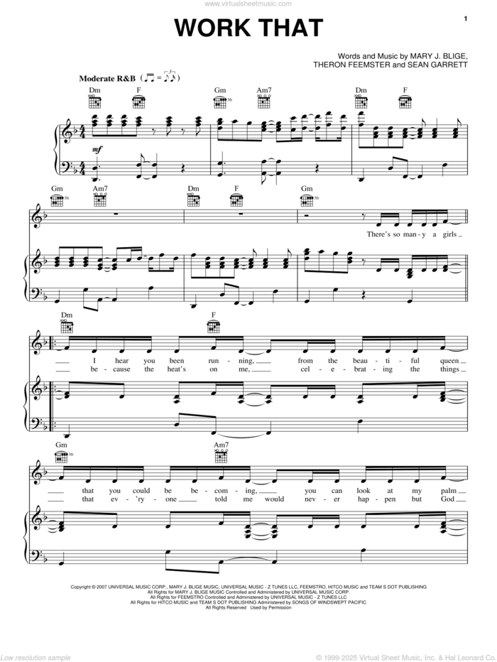 Work That sheet music for voice, piano or guitar by Mary J. Blige, Sean Garrett and Theron Feemster, intermediate skill level