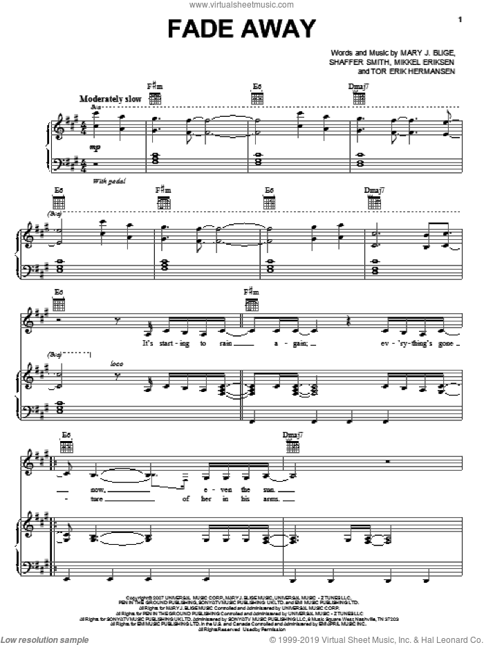 Fade Away sheet music for voice, piano or guitar by Mary J. Blige, Mikkel Eriksen, Shaffer Smith and Tor Erik Hermansen, intermediate skill level