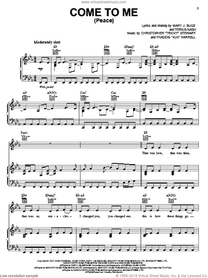 Come To Me (Peace) sheet music for voice, piano or guitar by Mary J. Blige, Christopher 'Tricky' Stewart, Terius Nash and Thaddis Harrell, intermediate skill level