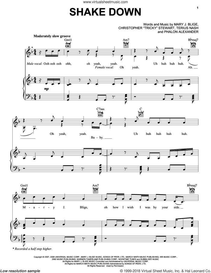 Shake Down sheet music for voice, piano or guitar by Mary J. Blige, Christopher 'Tricky' Stewart, Phalon Alexander and Terius Nash, intermediate skill level