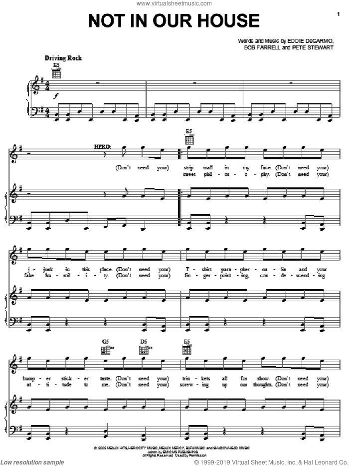 Not In Our House sheet music for voice, piano or guitar by Michael Tait, !Hero: The Rock Opera (Musical), Bob Farrell, Eddie DeGarmo and Pete Stewart, intermediate skill level