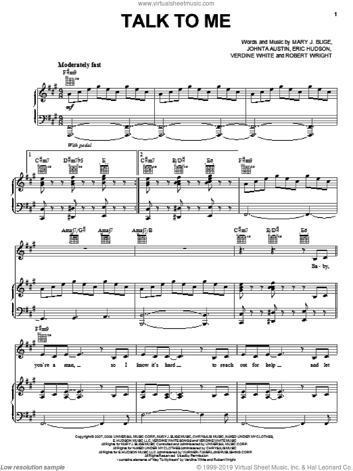 Talk To Me sheet music for voice, piano or guitar by Mary J. Blige, Eric Hudson, Johnta Austin, Robert Wright and Verdine White, intermediate skill level
