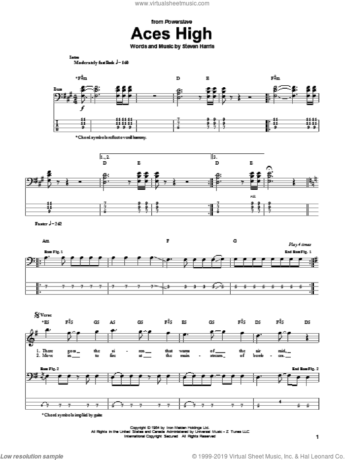 Aces High sheet music for bass (tablature) (bass guitar) by Iron Maiden and Steve Harris, intermediate skill level