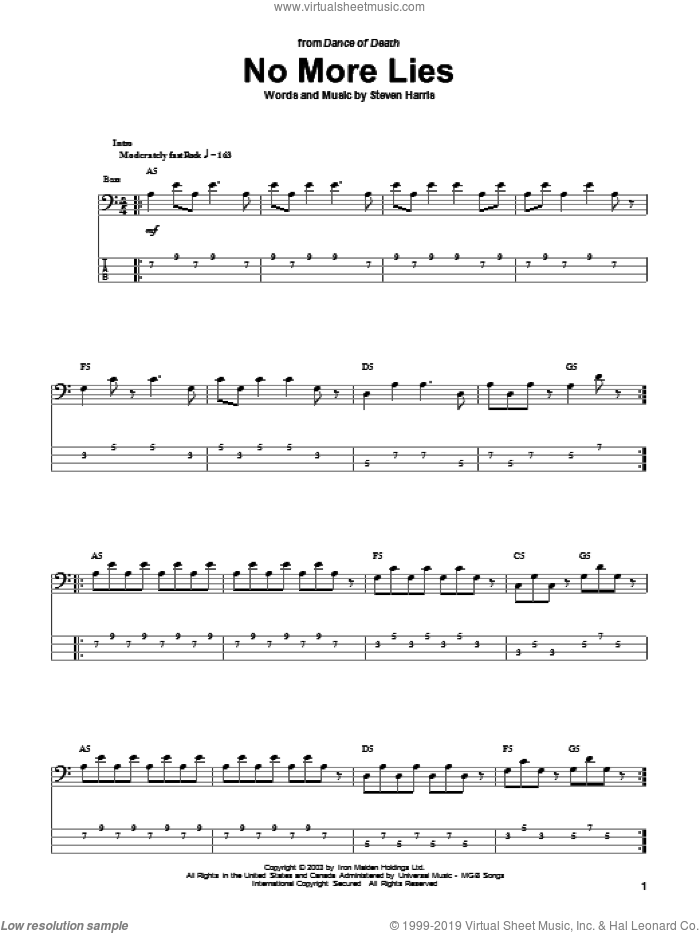 No More Lies sheet music for bass (tablature) (bass guitar) by Iron Maiden and Steve Harris, intermediate skill level
