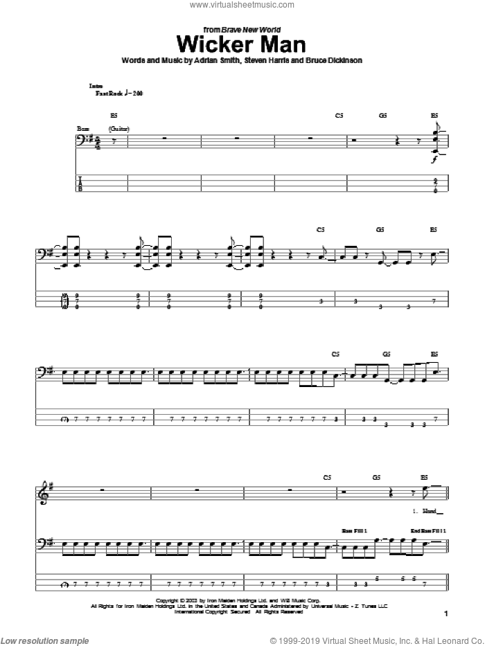 The Wicker Man sheet music for bass (tablature) (bass guitar) by Iron Maiden, Adrian Smith, Bruce Dickinson and Steve Harris, intermediate skill level