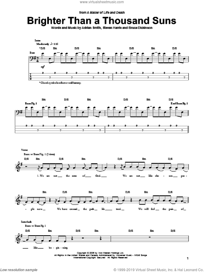 Brighter Than A Thousand Suns sheet music for bass (tablature) (bass guitar) by Iron Maiden, Adrian Smith, Bruce Dickinson and Steve Harris, intermediate skill level