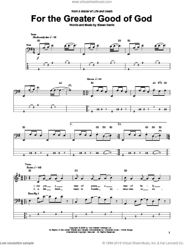 For The Greater Good Of God sheet music for bass (tablature) (bass guitar) by Iron Maiden and Steve Harris, intermediate skill level