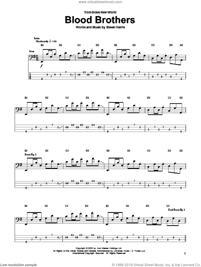Blood Brothers sheet music for bass (tablature) (bass guitar) by Iron Maiden and Steve Harris, intermediate skill level
