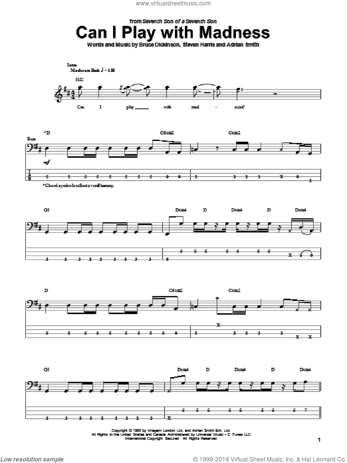Can I Play With Madness sheet music for bass (tablature) (bass guitar) by Iron Maiden, Adrian Smith, Bruce Dickinson and Steve Harris, intermediate skill level