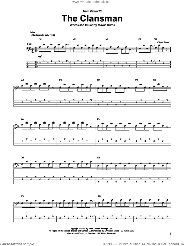 The Clansman sheet music for bass (tablature) (bass guitar) by Iron Maiden and Steve Harris, intermediate skill level