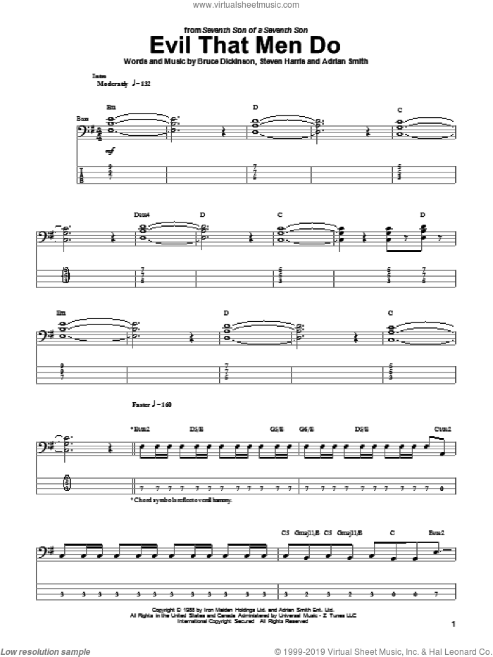 Evil That Men Do sheet music for bass (tablature) (bass guitar) by Iron Maiden, Adrian Smith, Bruce Dickinson and Steve Harris, intermediate skill level