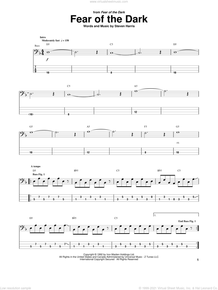 Fear Of The Dark sheet music for bass (tablature) (bass guitar) by Iron Maiden and Steve Harris, intermediate skill level