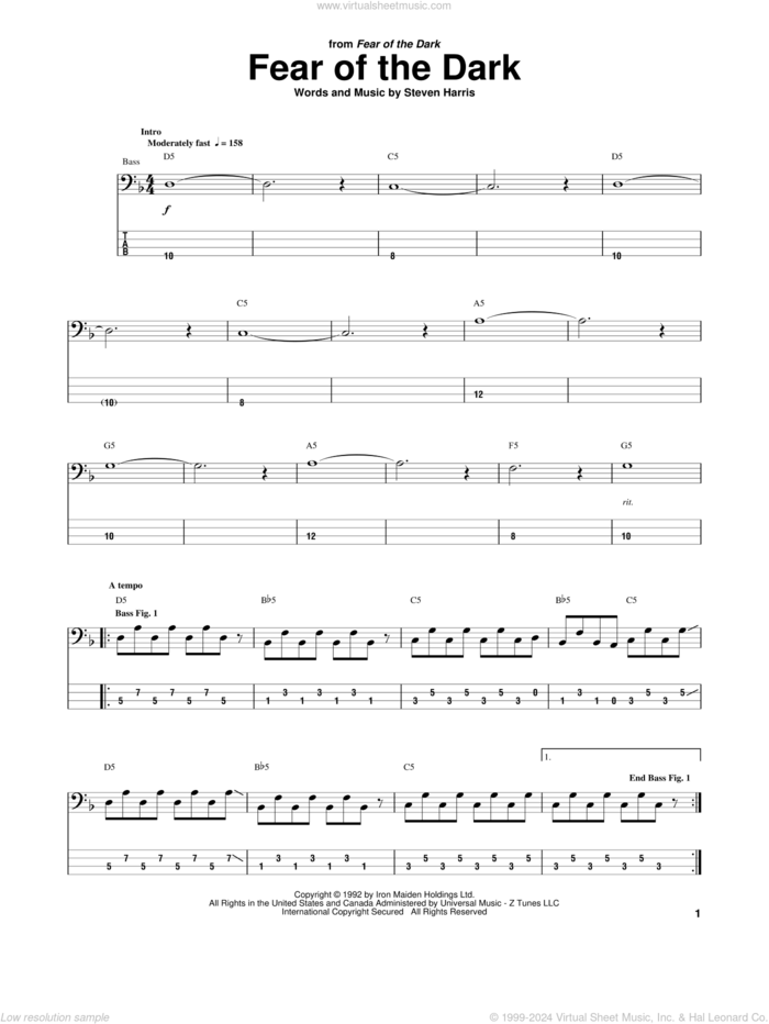 Fear Of The Dark sheet music for bass (tablature) (bass guitar) by Iron Maiden and Steve Harris, intermediate skill level