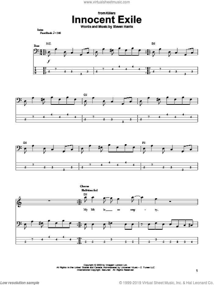 Innocent Exile sheet music for bass (tablature) (bass guitar) by Iron Maiden and Steve Harris, intermediate skill level