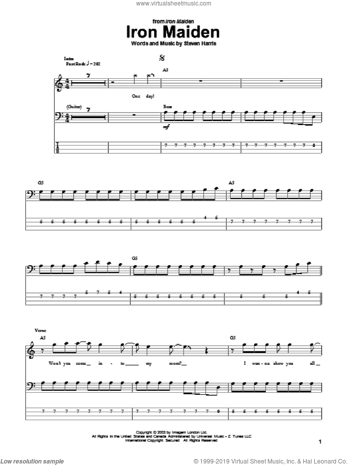 Iron Maiden sheet music for bass (tablature) (bass guitar) by Iron Maiden and Steve Harris, intermediate skill level