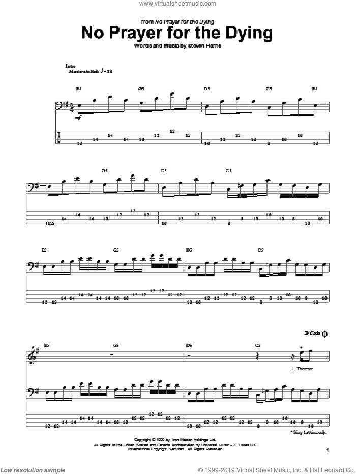 No Prayer For The Dying sheet music for bass (tablature) (bass guitar) by Iron Maiden and Steve Harris, intermediate skill level