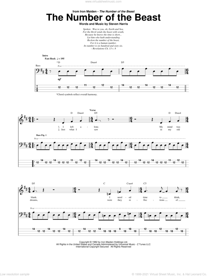 The Number Of The Beast sheet music for bass (tablature) (bass guitar) by Iron Maiden and Steve Harris, intermediate skill level