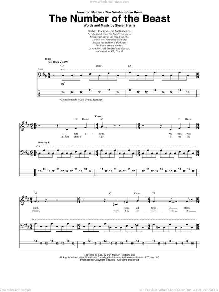 The Number Of The Beast sheet music for bass (tablature) (bass guitar) by Iron Maiden and Steve Harris, intermediate skill level