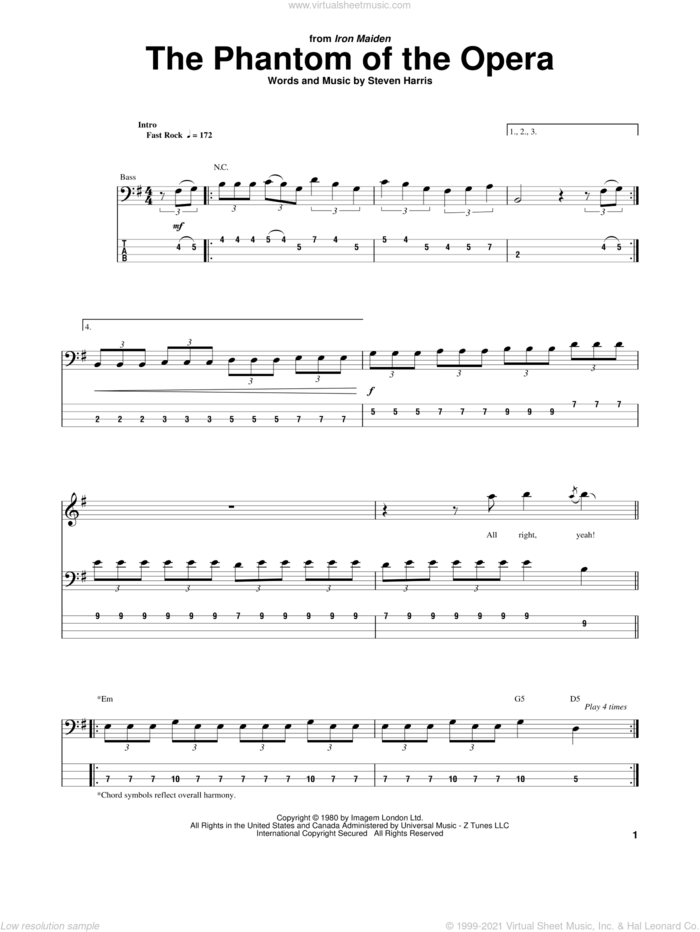The Phantom Of The Opera sheet music for bass (tablature) (bass guitar) by Iron Maiden and Steve Harris, intermediate skill level