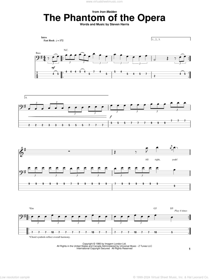 The Phantom Of The Opera sheet music for bass (tablature) (bass guitar) by Iron Maiden and Steve Harris, intermediate skill level