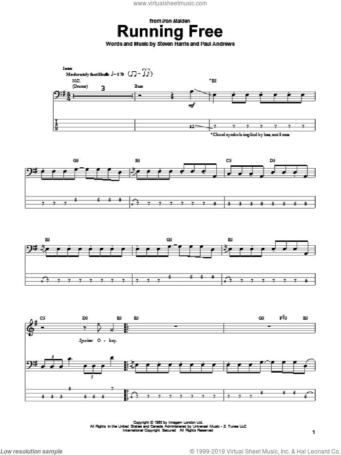 Running Free sheet music for bass (tablature) (bass guitar) by Iron Maiden, Paul Andrews and Steve Harris, intermediate skill level