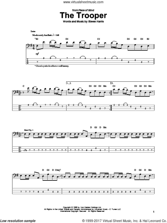 The Trooper sheet music for bass (tablature) (bass guitar) by Iron Maiden and Steve Harris, intermediate skill level