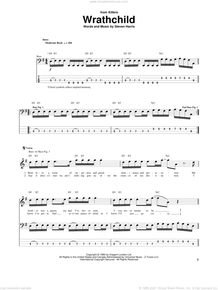 Wrathchild sheet music for bass (tablature) (bass guitar) by Iron Maiden and Steve Harris, intermediate skill level