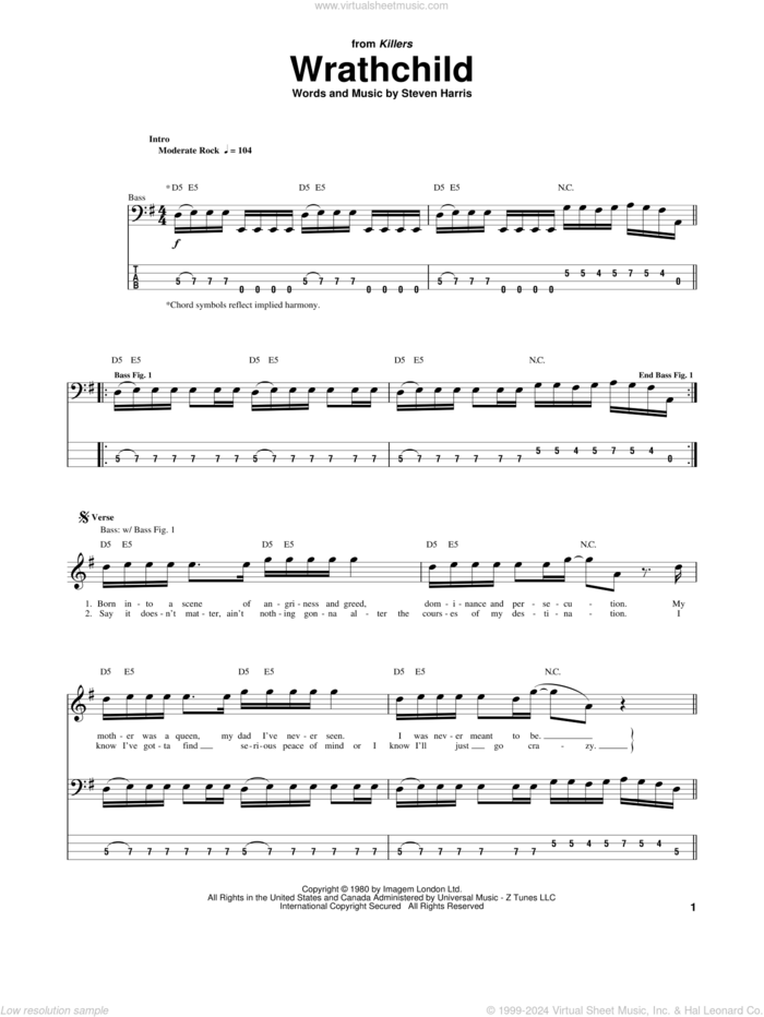 Wrathchild sheet music for bass (tablature) (bass guitar) by Iron Maiden and Steve Harris, intermediate skill level