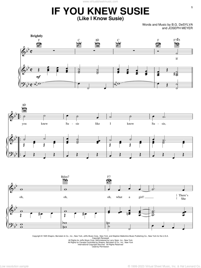 If You Knew Susie (Like I Know Susie) sheet music for voice, piano or guitar by Eddie Cantor, Frank Sinatra, Buddy DeSylva and Joseph Meyer, intermediate skill level