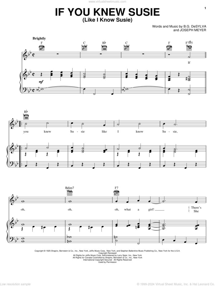 If You Knew Susie (Like I Know Susie) sheet music for voice, piano or guitar by Eddie Cantor, Frank Sinatra, Buddy DeSylva and Joseph Meyer, intermediate skill level