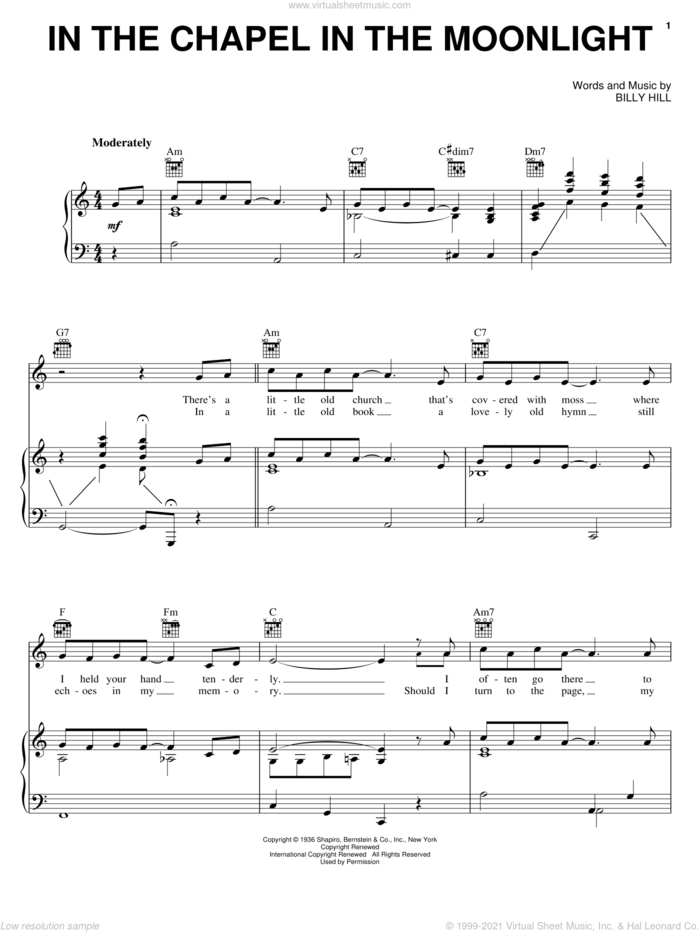 In The Chapel In The Moonlight sheet music for voice, piano or guitar by Dean Martin and Billy Hill, wedding score, intermediate skill level