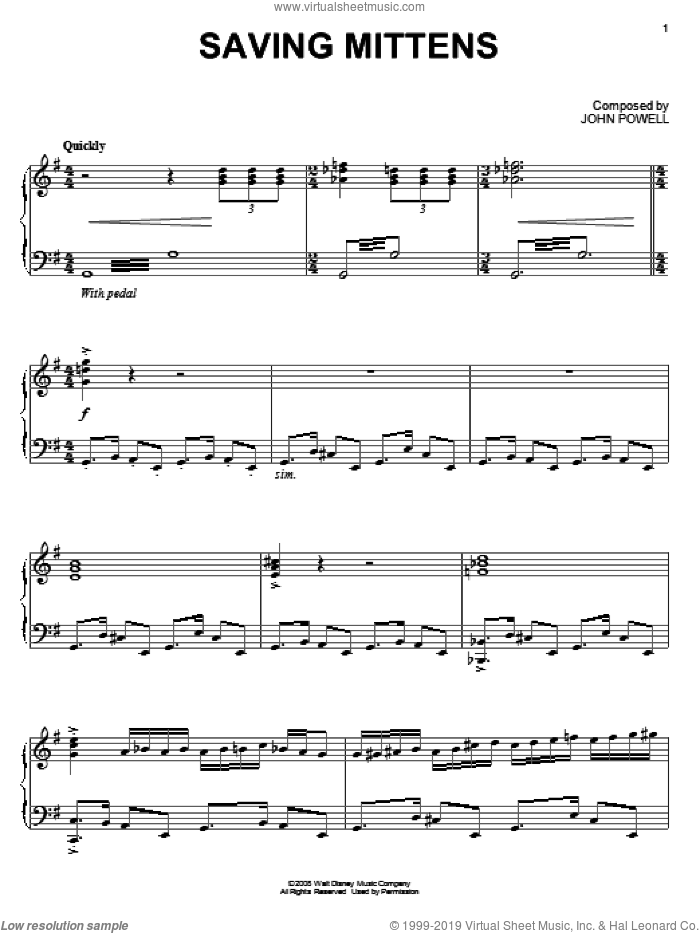 Saving Mittens sheet music for piano solo by John Powell and Bolt (Movie), intermediate skill level