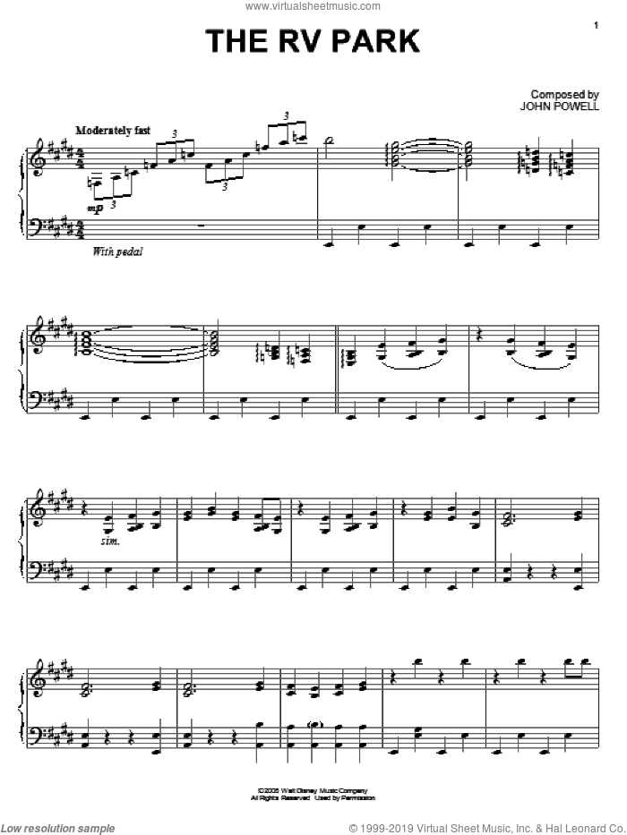 The RV Park sheet music for piano solo by John Powell and Bolt (Movie), intermediate skill level