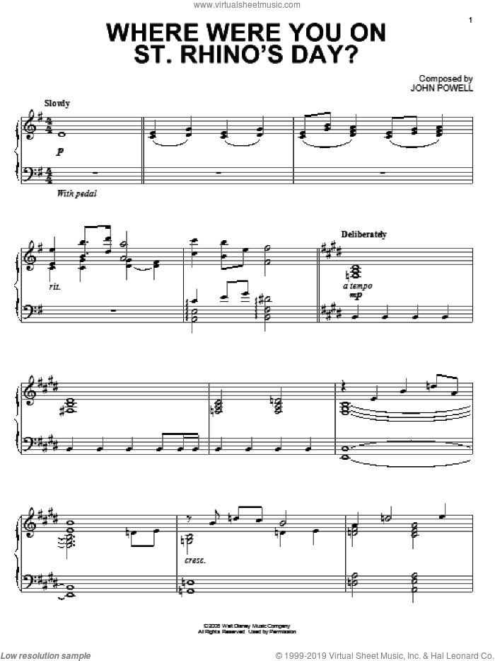 Where Were You On St. Rhino's Day? sheet music for piano solo by John Powell and Bolt (Movie), intermediate skill level