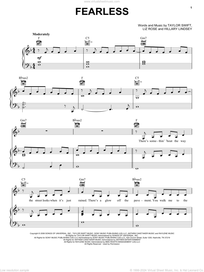 Fearless sheet music for voice, piano or guitar by Taylor Swift, Hillary Lindsey and Liz Rose, intermediate skill level