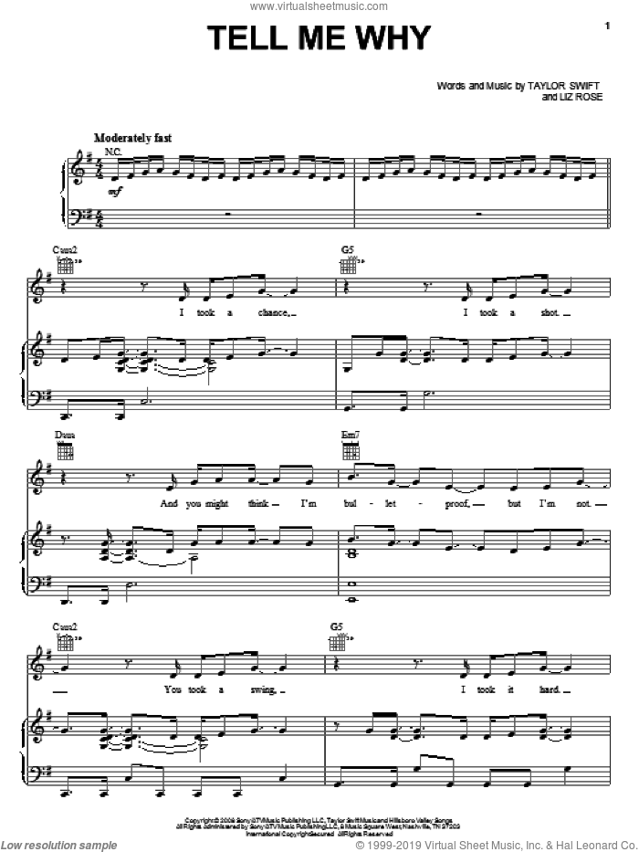 Tell Me Why sheet music for voice, piano or guitar by Taylor Swift and Liz Rose, intermediate skill level
