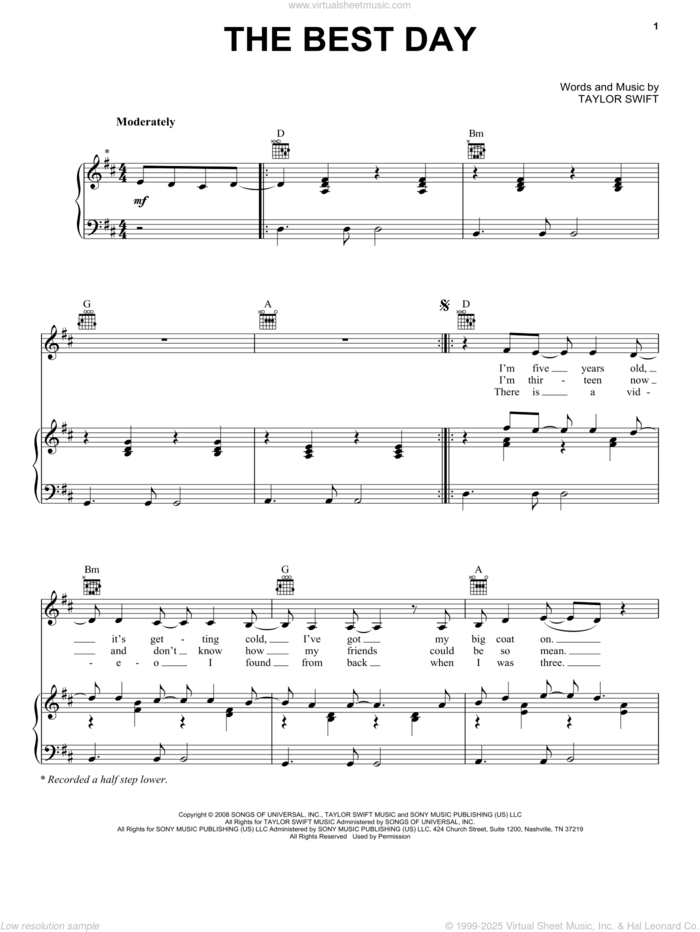 The Best Day sheet music for voice, piano or guitar by Taylor Swift, intermediate skill level