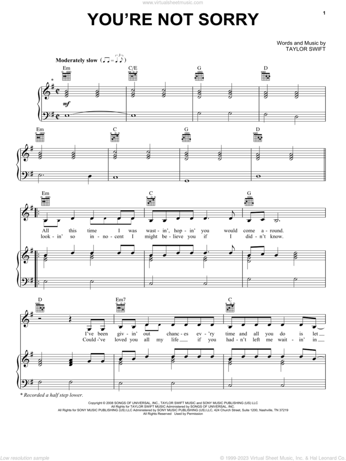 You're Not Sorry sheet music for voice, piano or guitar by Taylor Swift, intermediate skill level
