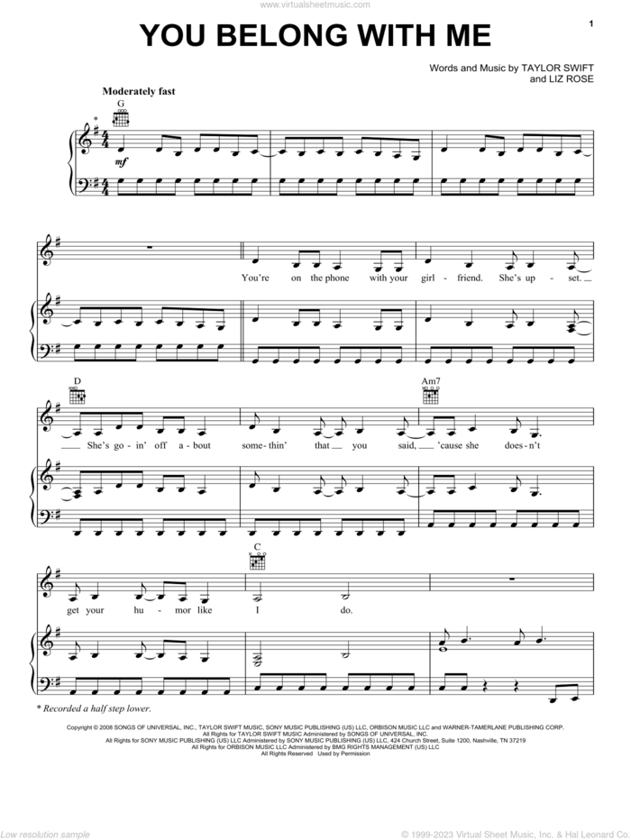 You Belong With Me sheet music for voice, piano or guitar by Taylor Swift and Liz Rose, intermediate skill level