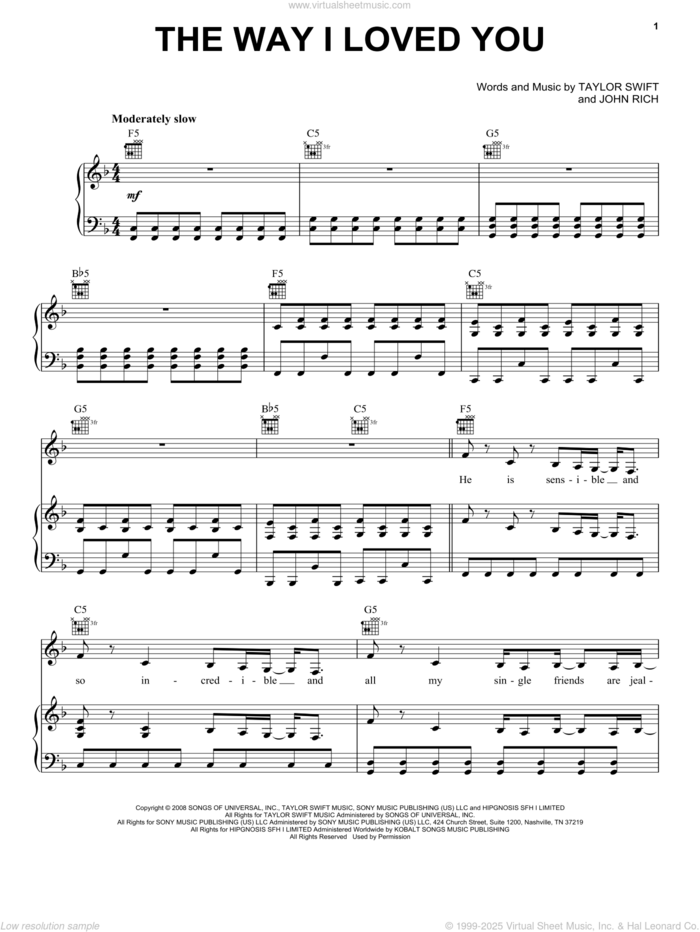 The Way I Loved You sheet music for voice, piano or guitar by Taylor Swift and John Rich, intermediate skill level