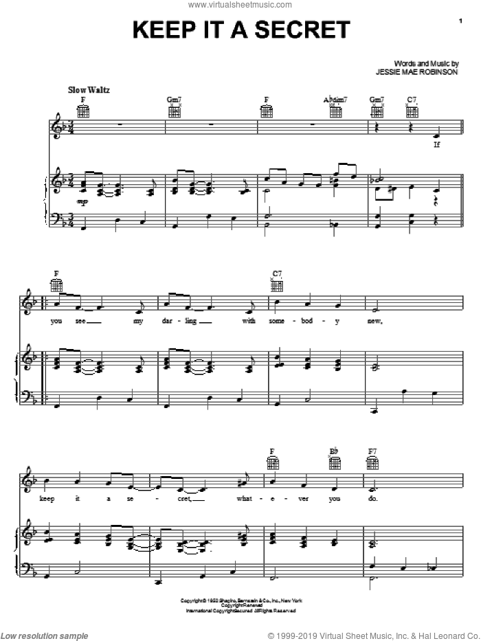 Keep It A Secret sheet music for voice, piano or guitar by Slim Whitman, Gene Vincent, Jo Stafford and Jessie Mae Robinson, intermediate skill level