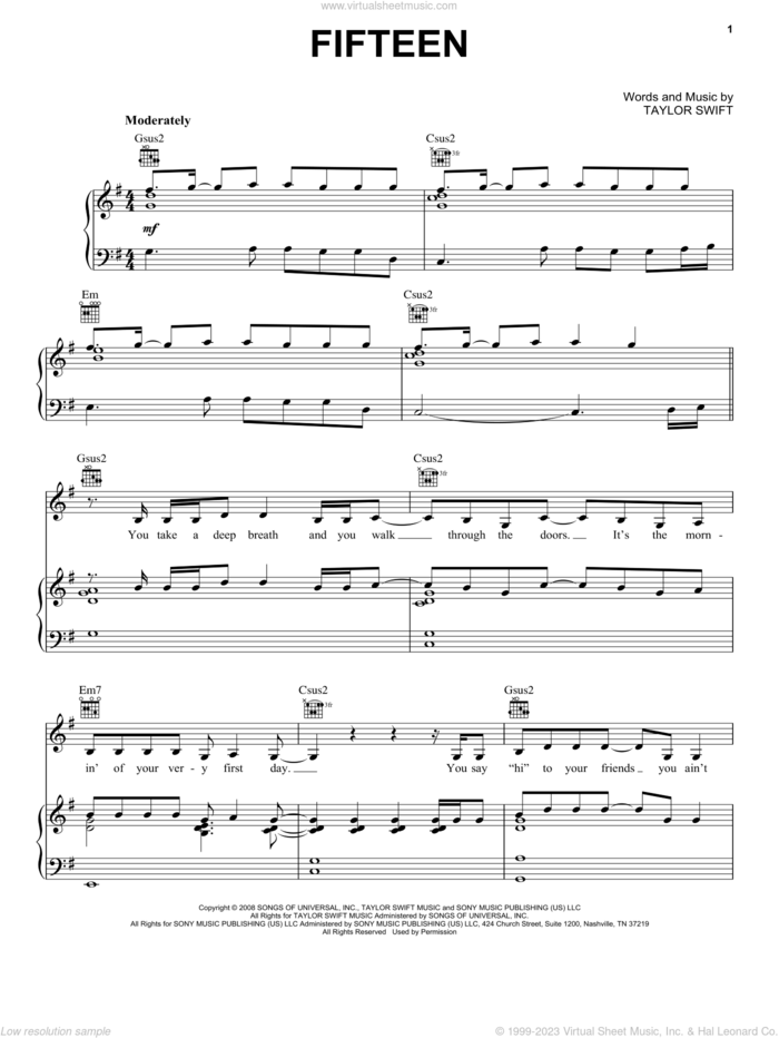 Fifteen sheet music for voice, piano or guitar by Taylor Swift, intermediate skill level