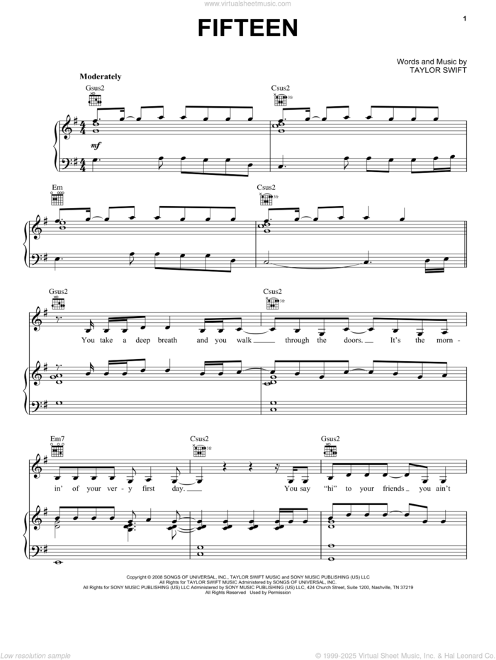 Fifteen sheet music for voice, piano or guitar by Taylor Swift, intermediate skill level