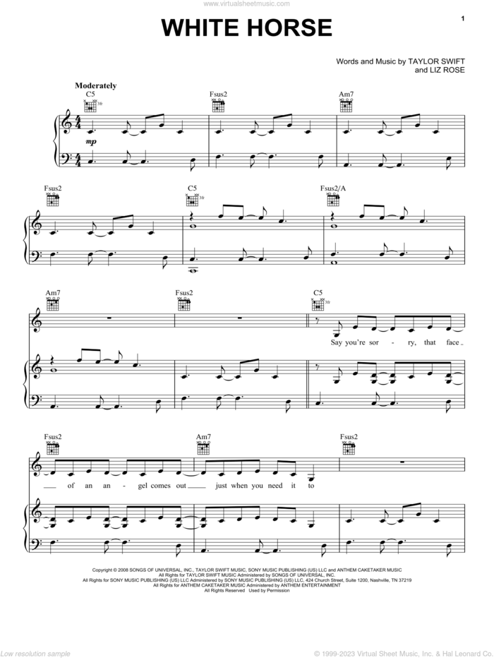 White Horse sheet music for voice, piano or guitar by Taylor Swift and Liz Rose, intermediate skill level
