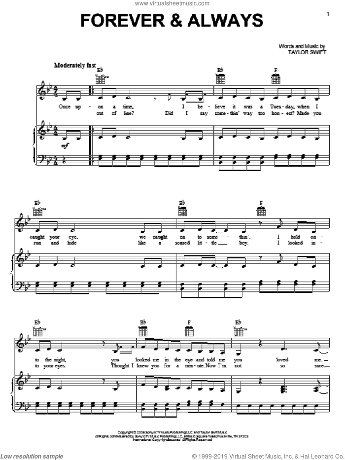 Forever and Always sheet music for voice, piano or guitar by Taylor Swift, intermediate skill level