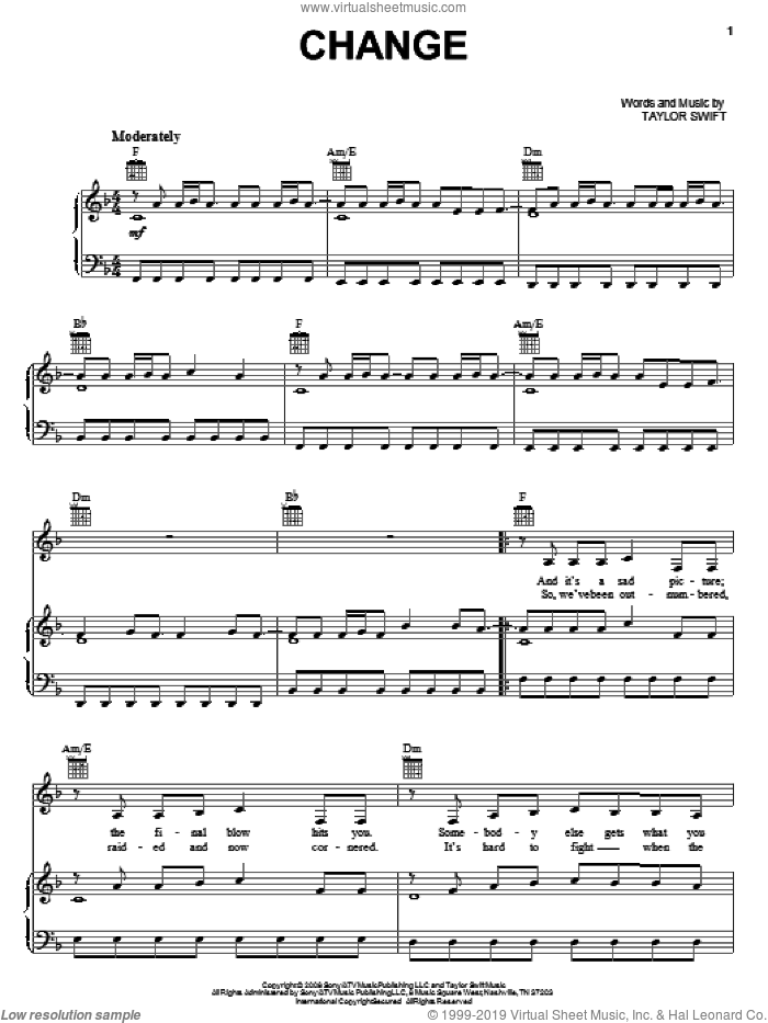 Change sheet music for voice, piano or guitar by Taylor Swift, intermediate skill level