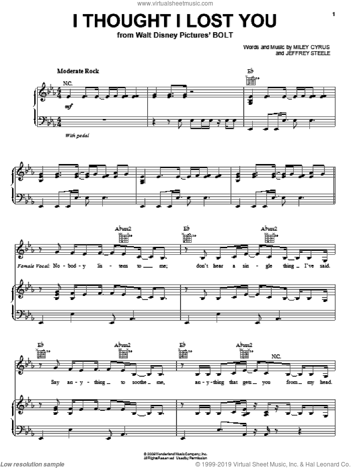 I Thought I Lost You sheet music for voice, piano or guitar by Miley Cyrus, Bolt (Movie) and Jeffrey Steele, intermediate skill level