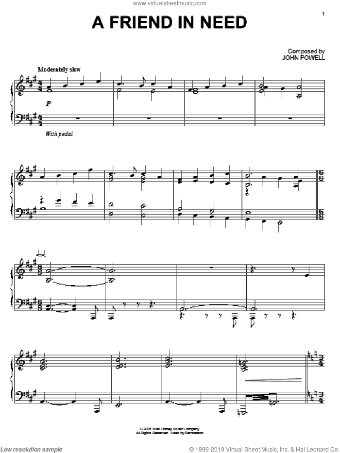 A Friend In Need sheet music for piano solo by John Powell and Bolt (Movie), intermediate skill level