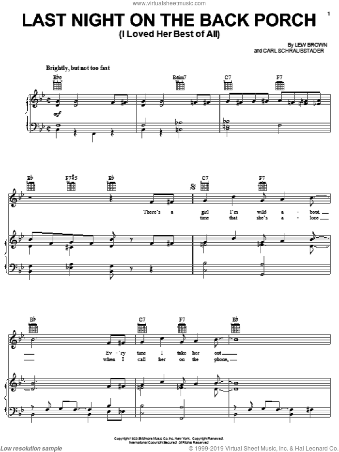 Last Night On The Back Porch (I Loved Her Best Of All) sheet music for voice, piano or guitar by Lew Brown and Carl Schraubstader, intermediate skill level